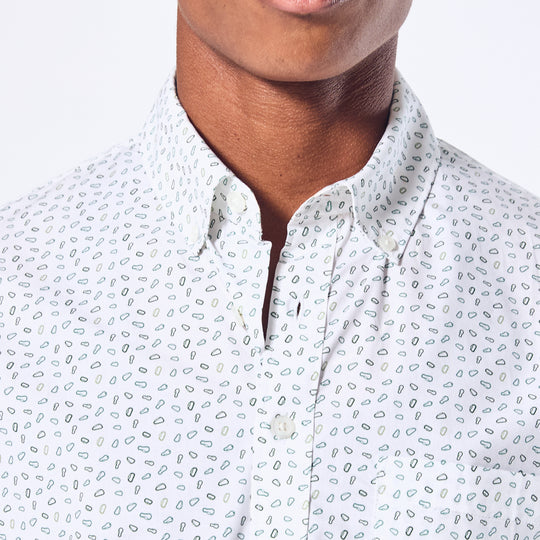 Patterned short sleeved button up shirt featuring white Kirrin Finch logo buttons.