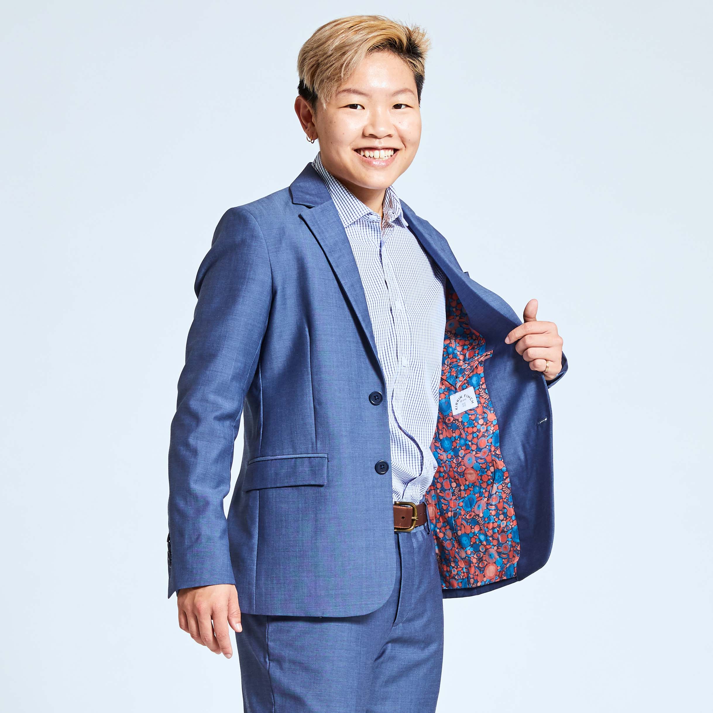 Androgynous woman's suit blazer slate blue