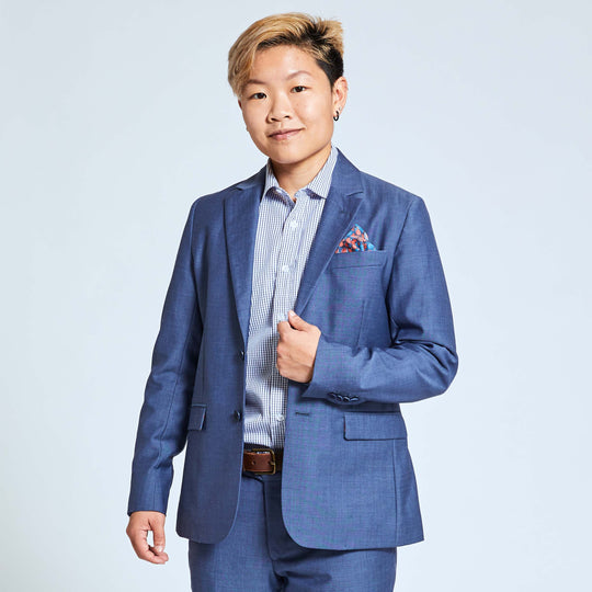 Women's suit blazer and dress pants in slate blue