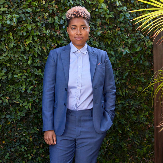 Masc woman's suit in slate blue